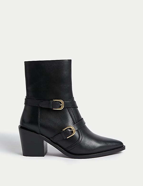 Leather Buckle Block Heel Ankle Boots BLACK Boots M S NZ