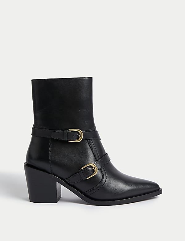 Leather Buckle Block Heel Ankle Boots - GR