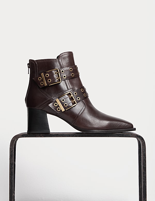 Leather Buckle Detail Block Heel Ankle Boots - AT