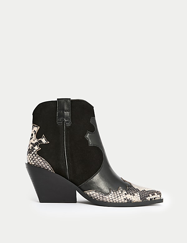 Leather Snakeskin Block Heel Ankle Boots - JP