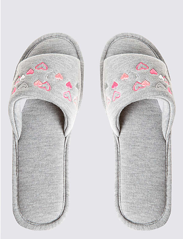 Heart Embroidered Open Toe Mule Slippers