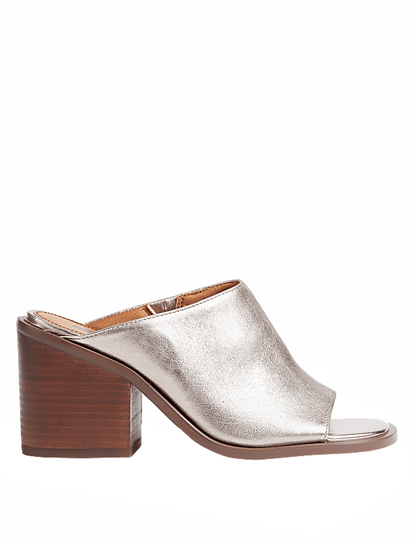 Leather Block Heel Open Toe Mules