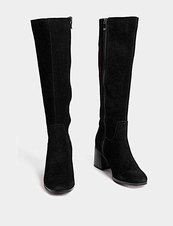 Suede Block Heel Knee High Boots - LU