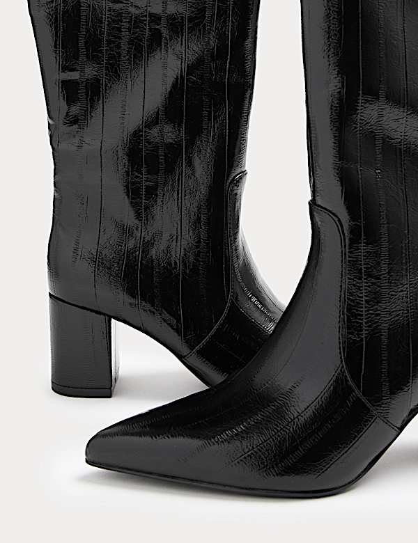 Eel Print Block Heel Knee High Boots - IL