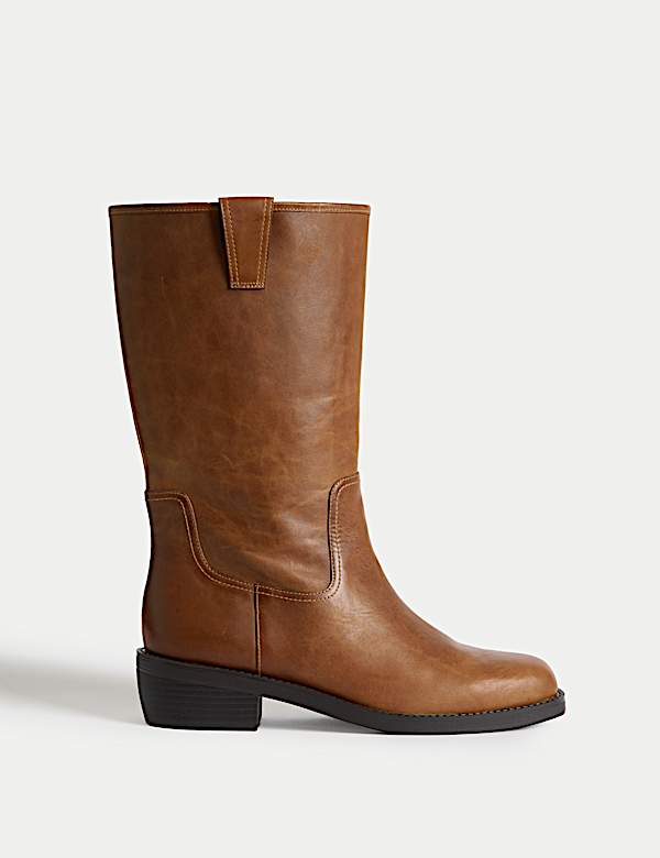 Leather Pull On Mid Calf Boots - VN