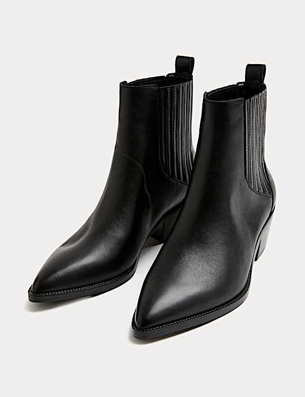 Leather Cowboy Block Heel Pointed Ankle Boots - VN