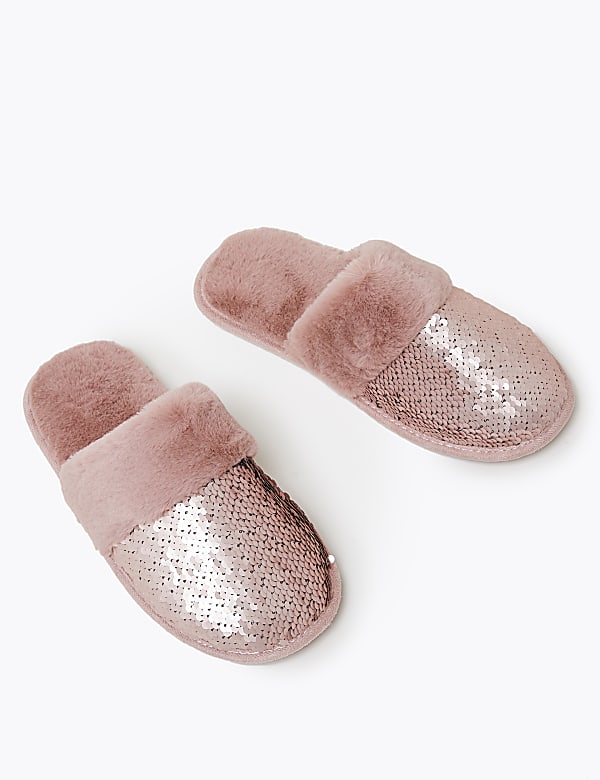Faux Fur Sequin Mule Slippers