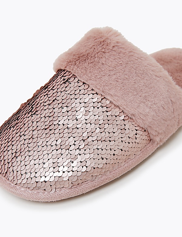 Faux Fur Sequin Mule Slippers