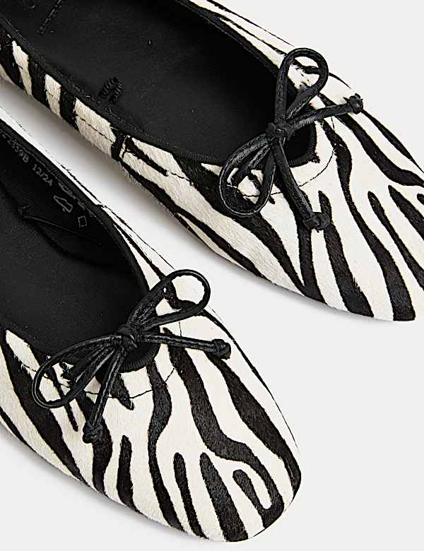 Leather Pony Hair Zebra Print Bow Ballet Pumps - NL