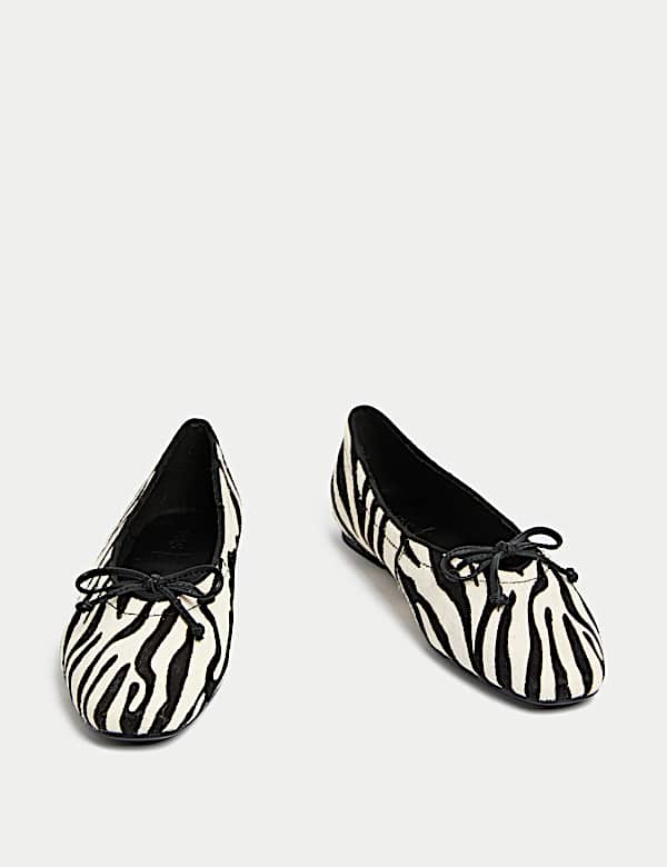 Leather Pony Hair Zebra Print Bow Ballet Pumps - NL