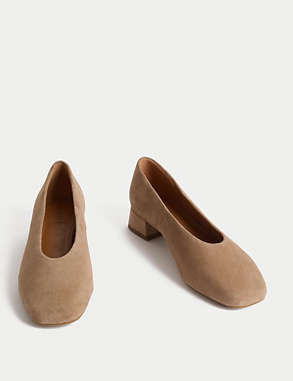 Suede Block Heel Square Toe Court Shoes - JP
