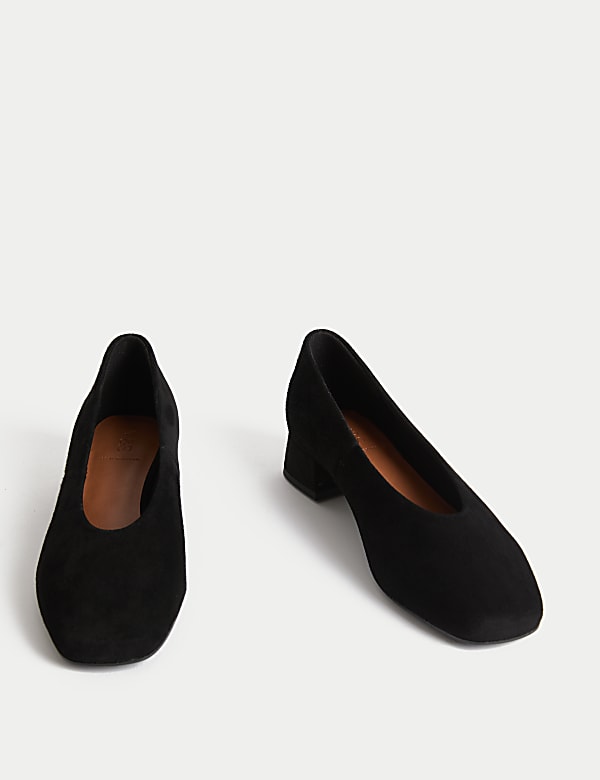 Suede Block Heel Square Toe Court Shoes - CA