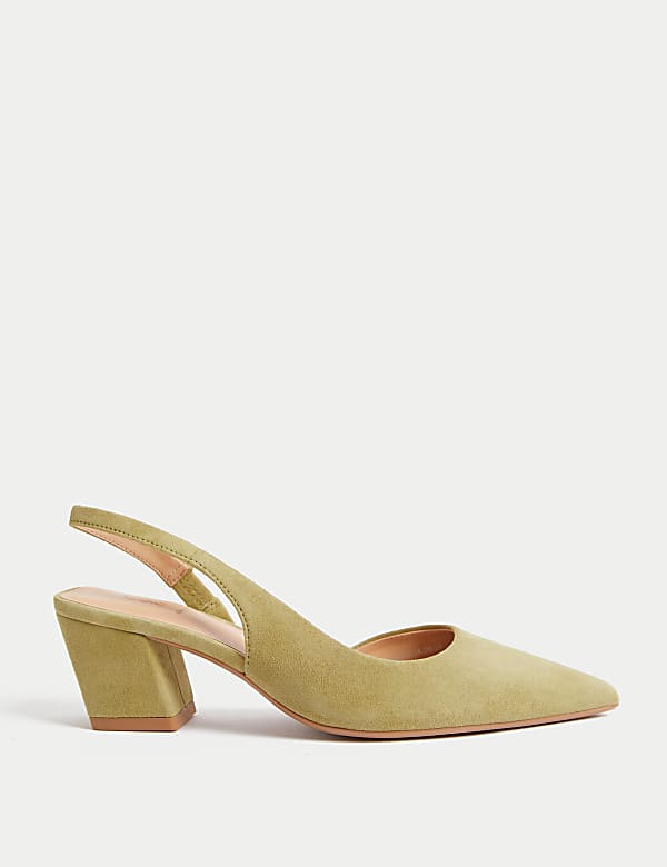Marks Spencer Leather Block Heel Court Shoes Olive 8