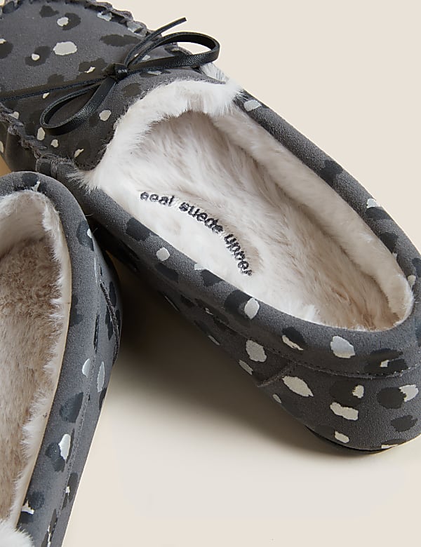 Suede Leopard Print Bow Moccasin Slippers