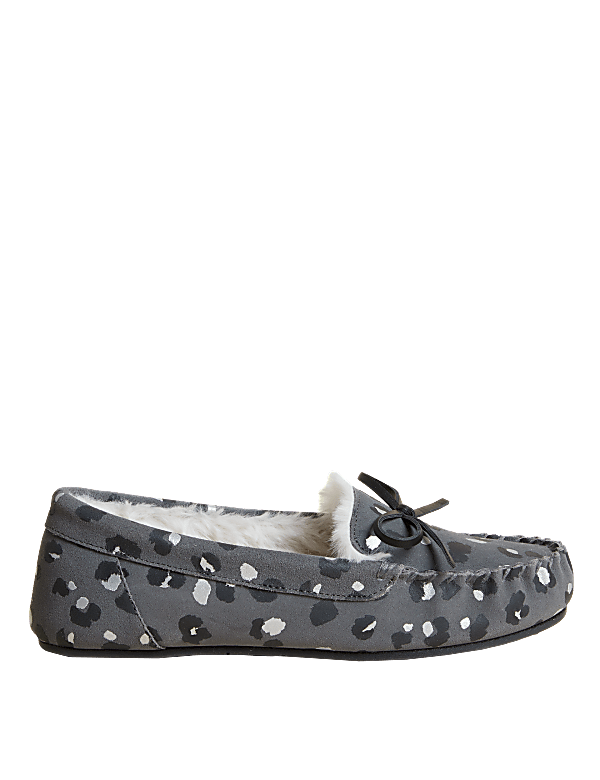 Suede Leopard Print Bow Moccasin Slippers