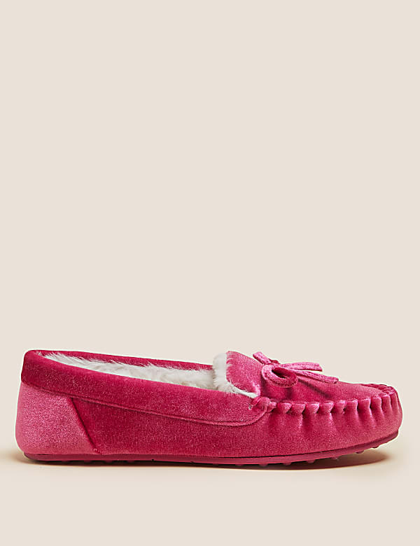 Velvet Bow Faux Fur Lined Moccasin Slippers
