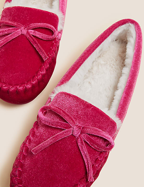 Velvet Bow Faux Fur Lined Moccasin Slippers