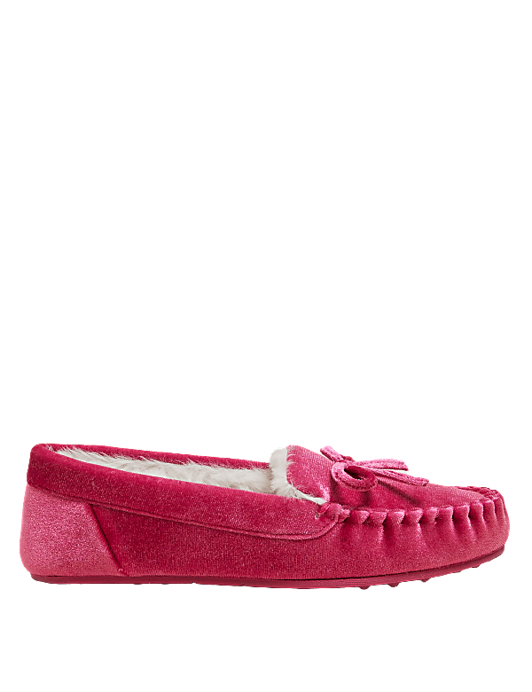 Velvet Bow Faux Fur Lined Moccasin Slippers