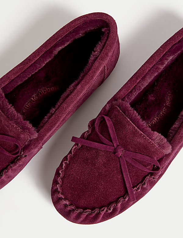 Suede Bow Faux Fur Lined Moccasin Slippers