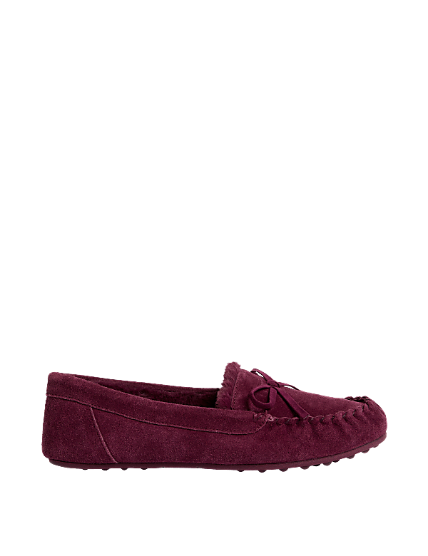 Suede Bow Faux Fur Lined Moccasin Slippers