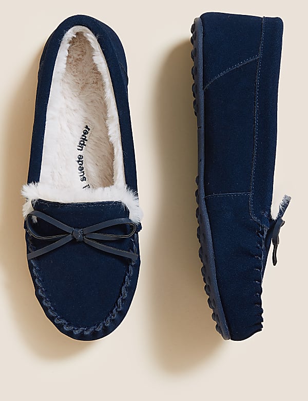 Suede Bow Faux Fur Lined Moccasin Slippers
