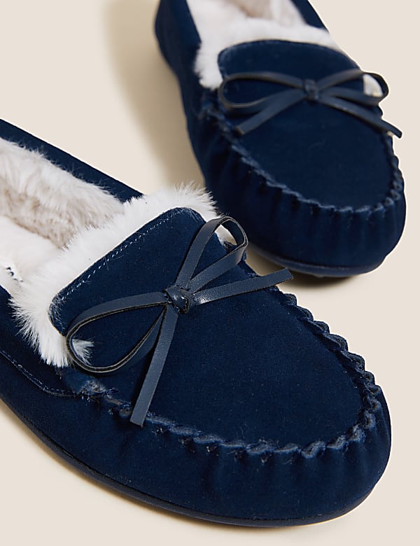 Suede Bow Faux Fur Lined Moccasin Slippers