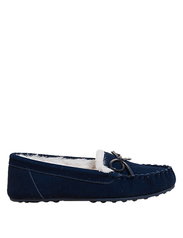 Suede Bow Faux Fur Lined Moccasin Slippers