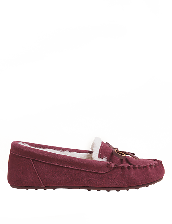 Suede Bow Faux Fur Lined Moccasin Slippers