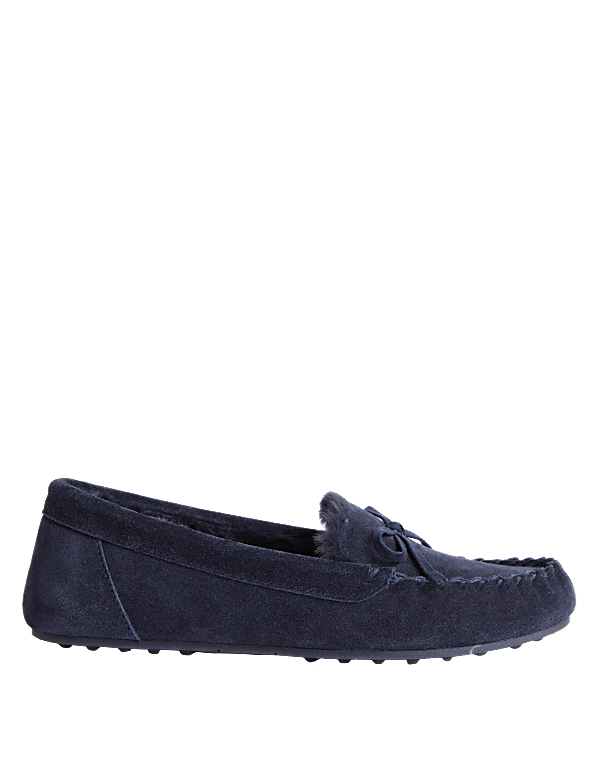 Suede Bow Faux Fur Lined Moccasin Slippers