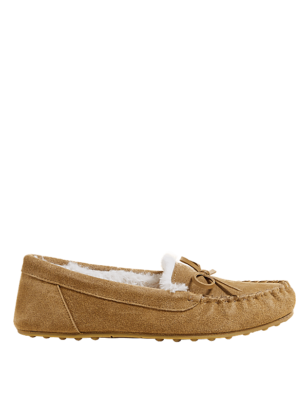 Suede Bow Faux Fur Lined Moccasin Slippers