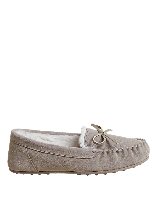 Suede Bow Faux Fur Lined Moccasin Slippers
