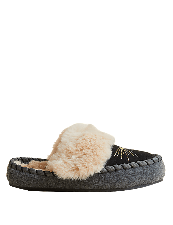 Suede Embroidered Mule Slippers