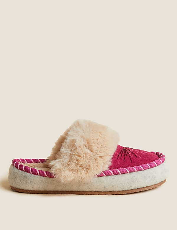 Faux Fur Embroidered Mule Slippers
