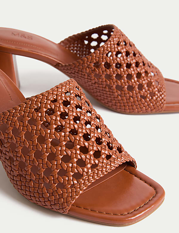 Woven Block Heel Open Toe Mules - JP