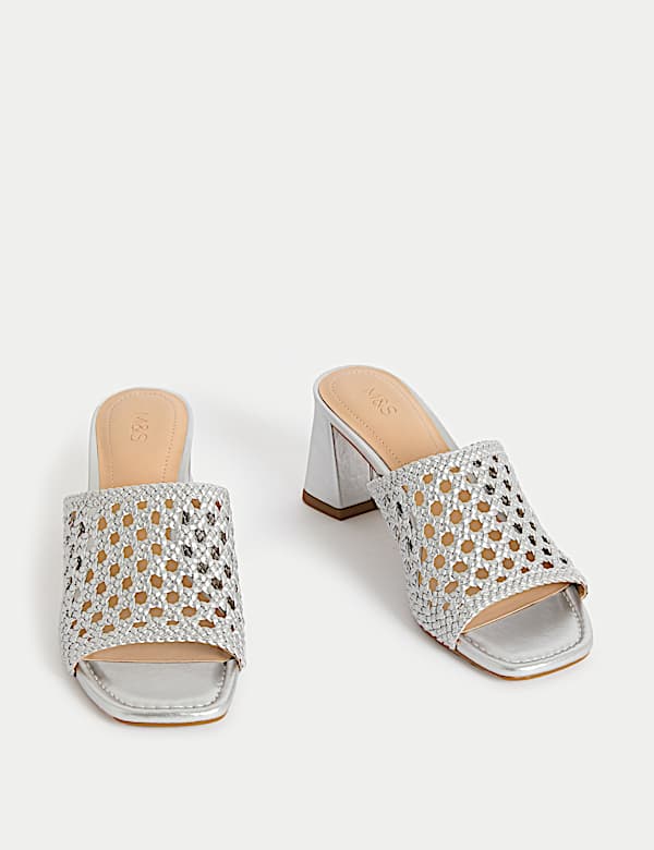 Woven Block Heel Open Toe Mules - HR