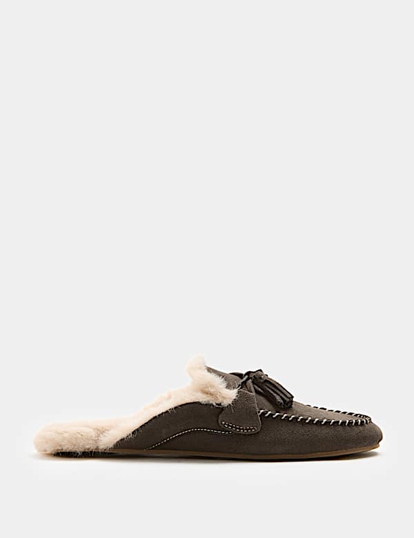 Chaussons style mocassins en daim ouverts &agrave; l&rsquo;arri&egrave;re avec doublure en fausse fourrure - CH