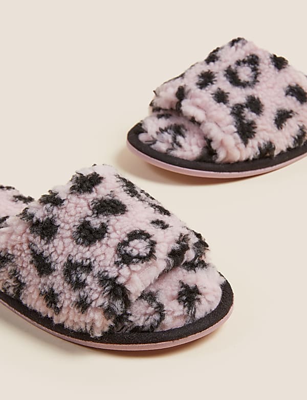 Borg Leopard Print Open Toe Mule Slippers