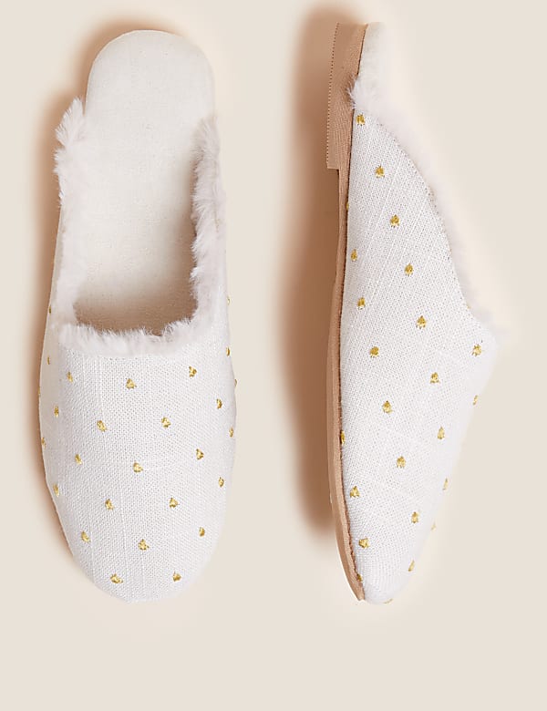 Embroidered Faux Fur Lined Mule Slippers