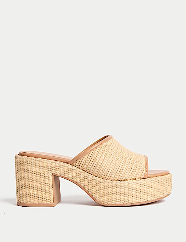 Raffia Woven Platform Peep Toe Mules - HR