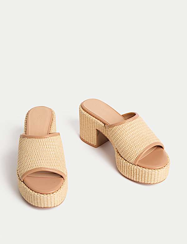 Raffia Woven Platform Peep Toe Mules - SE