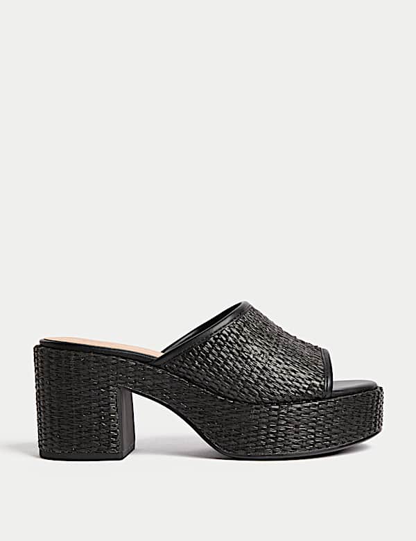 Raffia Woven Platform Peep Toe Mules - GR