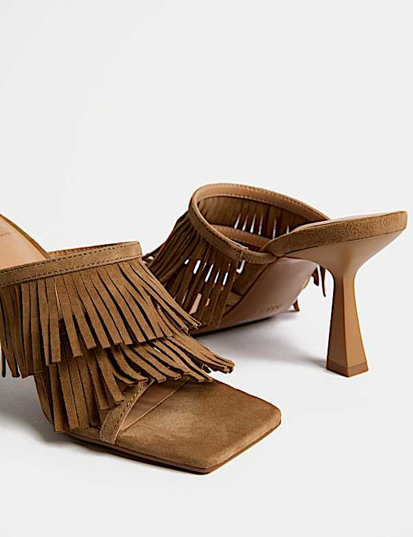 Suede Fringed Slip On Stiletto Heel Mules - IT