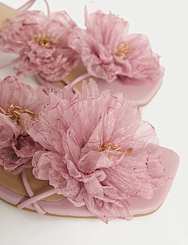 Organza Flower Corsage Block Heel Sandals - NZ
