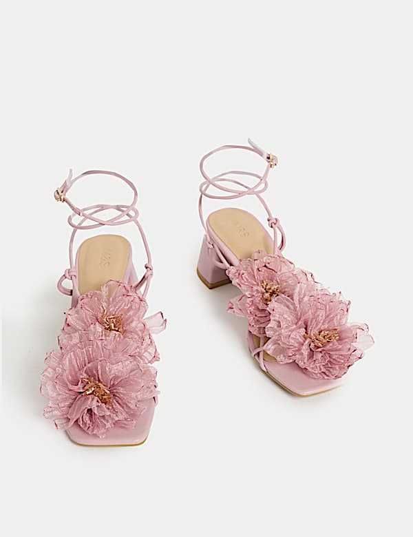 Organza Flower Corsage Block Heel Sandals - NZ