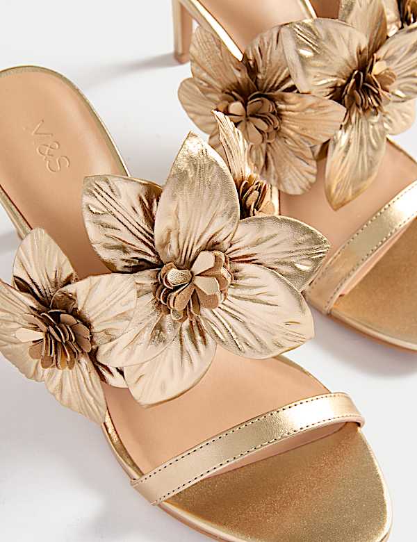 Metallic Flower Corsage Stiletto Mules - RS