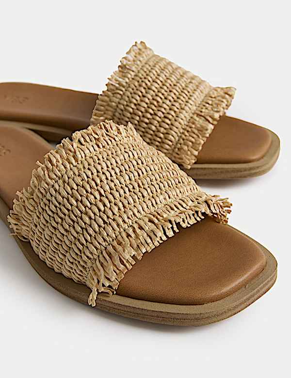 Raffia Flat Square Toe Mule Sandals - SI