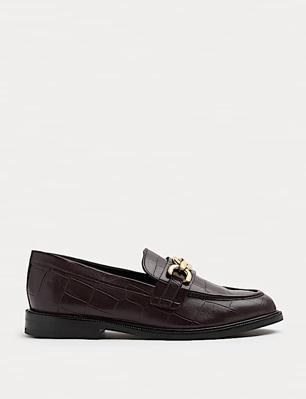 Leather Croc Trim Flat Loafers - AL