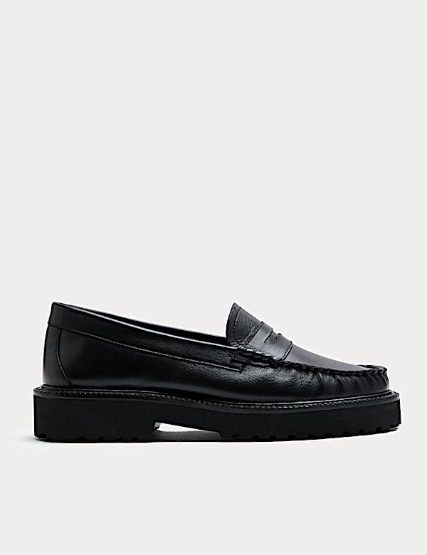 Leather Chunky Block Heel Loafers - CA