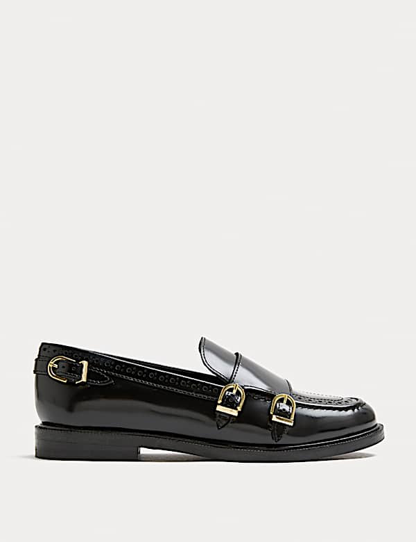 Leather Brogue Detail Buckle Flat Loafers - RS