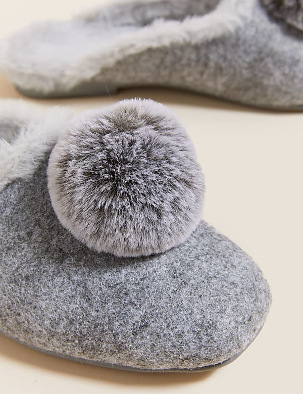 Felt Pom Pom Faux Fur Mule Slippers